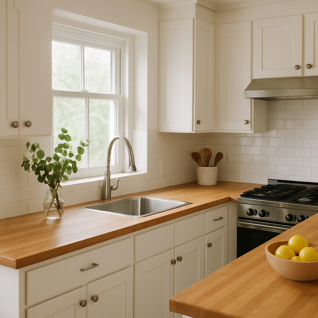 A beautiful kitchen with butcher block countertops